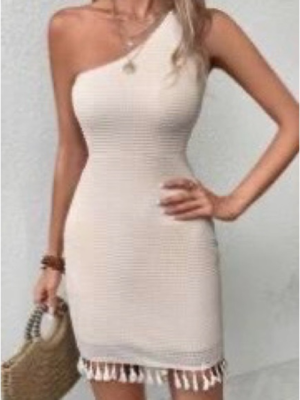 SHEIN VCAY One Shoulder Tassel Trim Waffle Knit Bodycon Dress